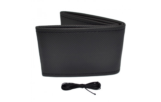 Universal steering wheel cover Classic - Black perforated PVC leather + Black stitching (lace closure)