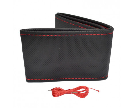 Universal steering wheel cover Classic - Black perforated PVC leather + Red stitching (lace closure)