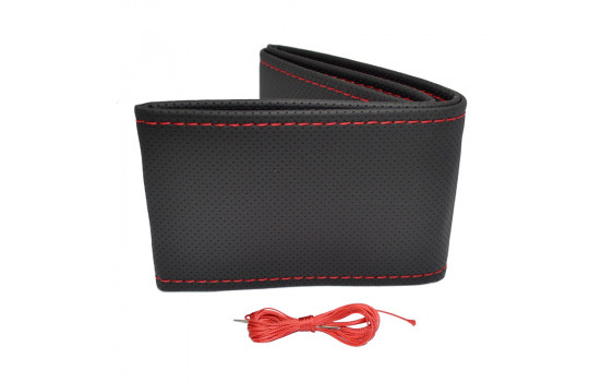 Universal steering wheel cover Classic - Black perforated PVC leather + Red stitching (lace closure)