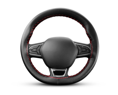 Universal steering wheel cover Classic - Black PVC leather + Red stitching (lace closure), Image 2