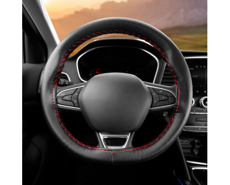 Universal steering wheel cover Classic - Black PVC leather + Red stitching (lace closure), Image 3