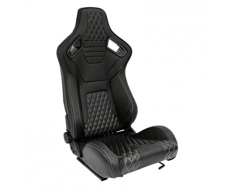 Sports seat 'AK' - Black Artificial leather + Silver stitching / piping - Adjustable on both sides