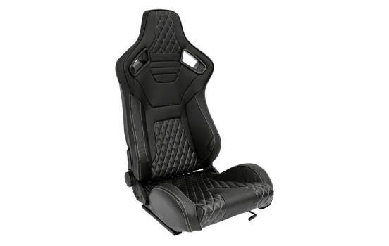 Sports seat 'AK' - Black Artificial leather + Silver stitching / piping - Adjustable on both sides