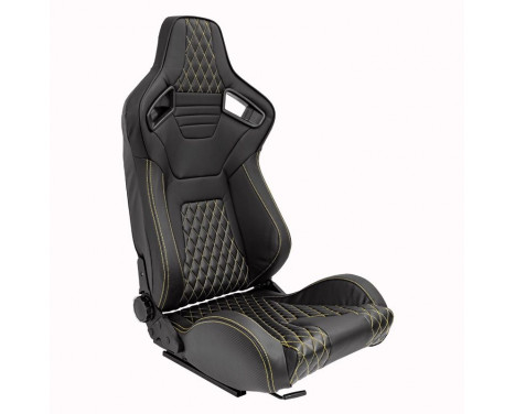 Sports seat 'AK' - Black Artificial leather + Yellow stitching / piping