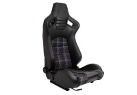 Sports seat 'GT' - Black Artificial leather + Fabric in Red diamond pattern + Red stitching - Double-sided