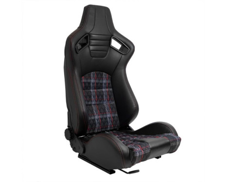 Sports seat 'GT' - Black Artificial leather + Fabric in Red diamond pattern + Red stitching - Double-sided