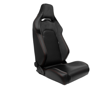 Sports seat 'VGR' - Black leatherette + dark gray fabric/suede + red stitching