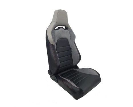 Sports seat 'VGR' - Black leatherette + light gray fabric/suede + red stitching