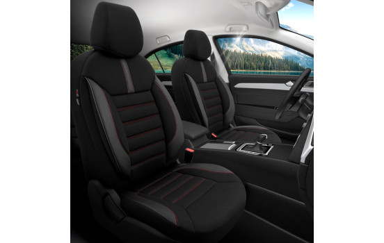 Juego de fundas de asiento universales de tela y cuero 'Limited', negro con costuras rojas - 11 piezas, Imagen 2