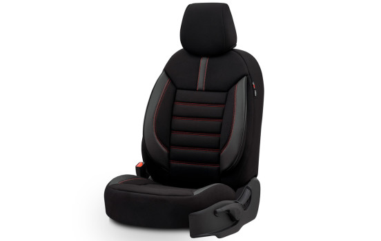Juego de fundas de asiento universales de tela y cuero 'Limited', negro con costuras rojas - 11 piezas, Imagen 3