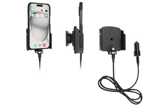 Soporte ajustable activo para Apple iPhone 15/15 Pro con conector USB SIG de 12 V, 70-83 mm
