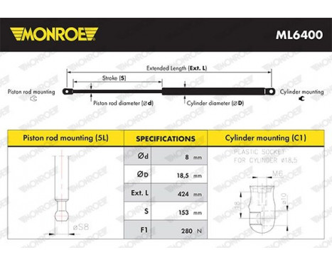 Gasfjäder, motorhuv ML6400 Monroe