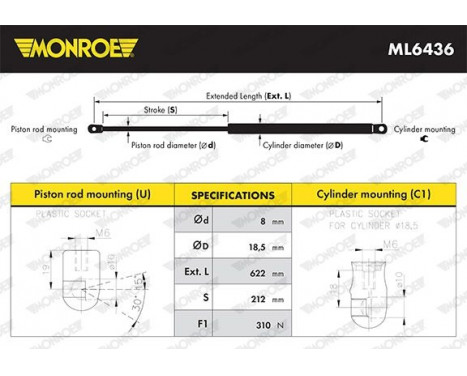 Gasfjäder, motorhuv ML6436 Monroe, bild 3