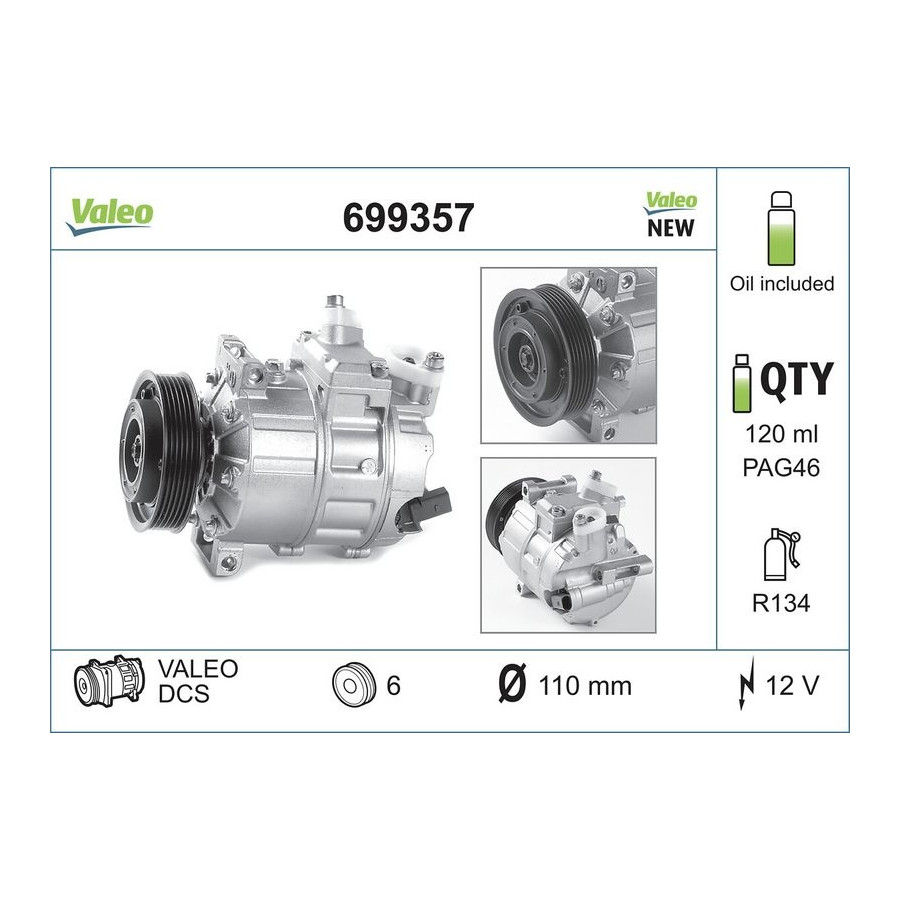 Compressor, airconditioning 699357 Valeo voor o.a. AUDI, CUPRA, SEAT ...