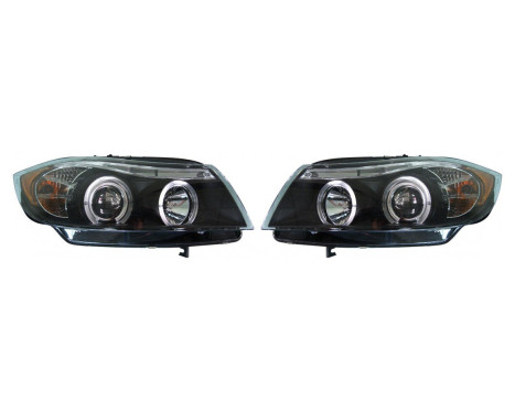 Set headlights suitable for BMW 3-Series E90/E91 Sedan/Touring 2005-2008 - Black - incl. Angel-Eyes