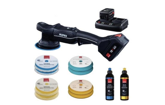 Juego de pulidora excéntrica Rupes HLR15/CB2/BAS iBrid Bigfoot de 125 mm, 18 V, 5 Ah, iones de litio