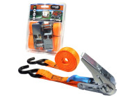 Jumbo motorcycle tie-down strap with ratchet and S-hooks 350 cm.