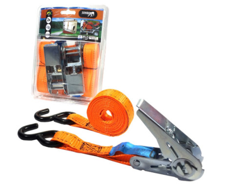 Jumbo motorcycle tie-down strap with ratchet and S-hooks 350 cm.