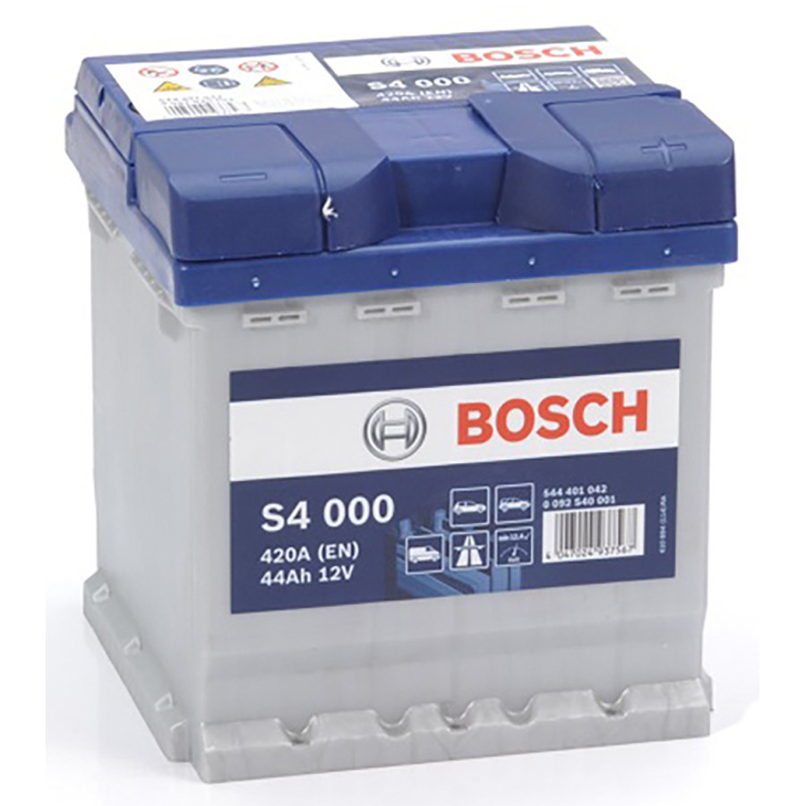 Bosch auto S4000 - 44A/h - 420A - voor voertuigen zonder start-stopsysteem o.a. AIXAM, CITROEN, DACIA, LANCIA, LIGIER, PEUGEOT, SEAT, SKODA, SMART, TOYOTA, VOLKSWAGEN | Winparts.nl - Accu