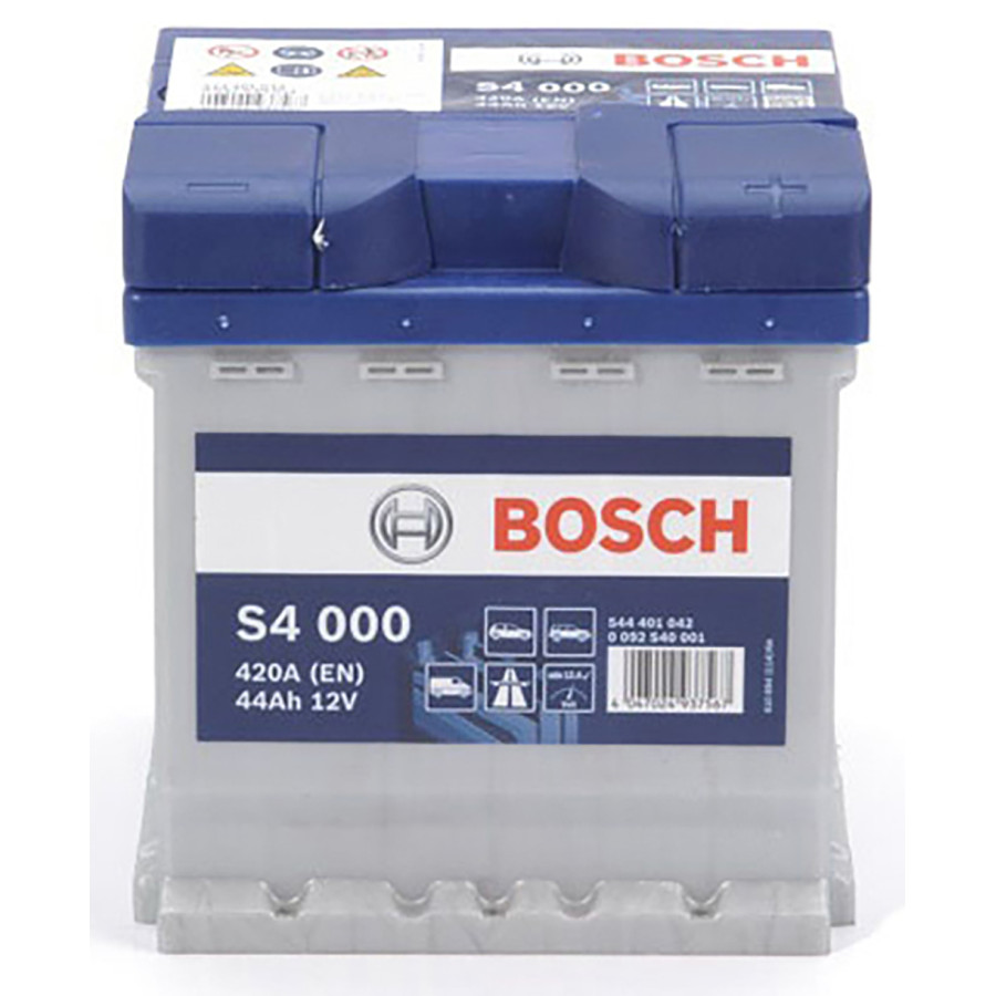Bosch auto accu S4000 44A/h - 420A - voor voertuigen zonder start-stopsysteem voor o.a. AIXAM, BMW, CITROEN, DACIA, FIAT, LANCIA, LIGIER, PEUGEOT, SEAT, SKODA, SMART, TOYOTA, VOLKSWAGEN | Winparts.nl - Accu