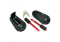 Juego de ganchos/pasadores de capó Racing Plus Flush universales + cerradura - negro + pasadores de aluminio rojos