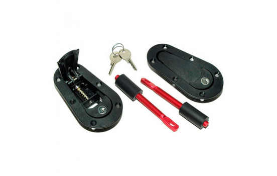 Juego de ganchos/pasadores de capó Racing Plus Flush universales + cerradura - negro + pasadores de aluminio rojos