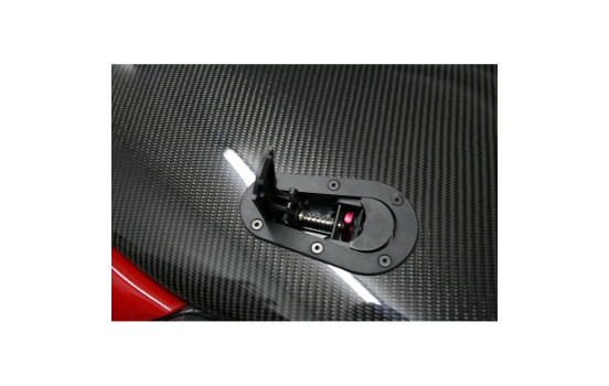 Juego de ganchos/pasadores de capó Racing Plus Flush universales + cerradura - negro + pasadores de aluminio rojos, Imagen 3