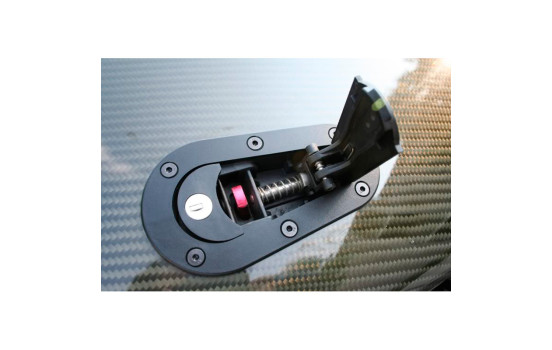 Juego de ganchos/pasadores de capó Racing Plus Flush universales + cerradura - negro + pasadores de aluminio rojos, Imagen 4