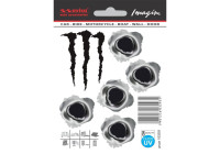 Pegatina 5 Agujeros de Bala 3,5x3x5 cm + Monstruo 4,5x6,5cm - negro/metal