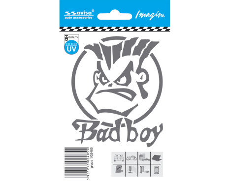 Pegatina de tatuaje para coche BAD BOY plateada - 8,1 x 9,8 cm