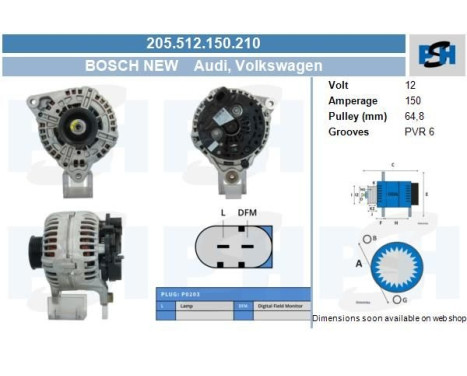 Dynamo Audi 150A 205.512.150.210 Bosch