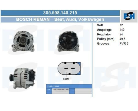 Dynamo Volkswagen 140A 305.598.140.215 Bosch