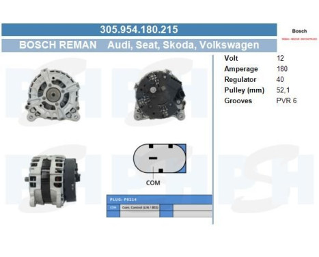 Dynamo Volkswagen 180A 305.954.180.215 Bosch