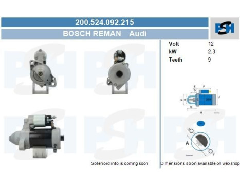 Démarreur Audi 2,3 kw 200.524.092.215 Bosch