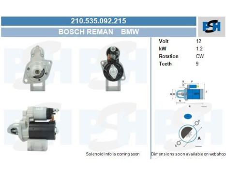 Démarreur BMW 1.2 kw 210.535.092.215 Bosch