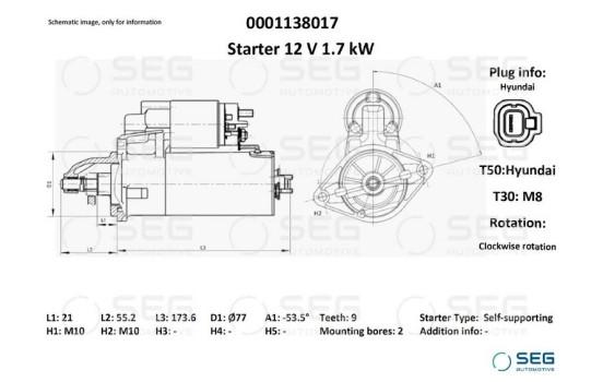 Démarreur Hyundai 1,7 kW, Image 6
