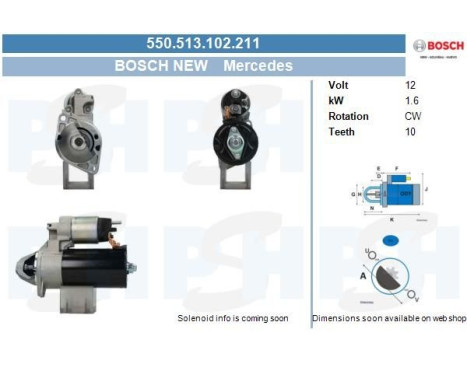 Démarreur Mercedes 1.6 kw 550.513.102.211 Bosch