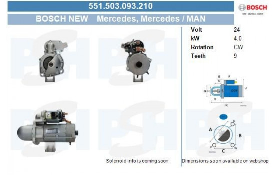 Démarreur Mercedes 4.0 kw 551.503.093.210 Bosch