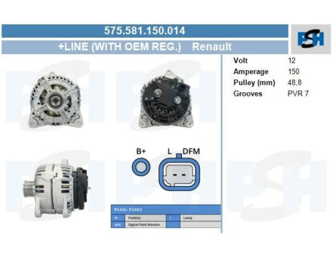 Dinamo Renault 150A con regulador OE 575.581.150.014 PlusLine