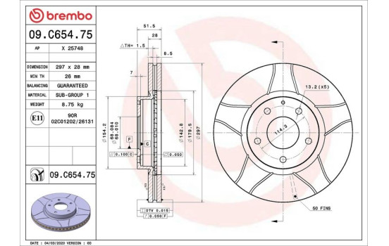 Disco de freno 09.C654.75 Brembo