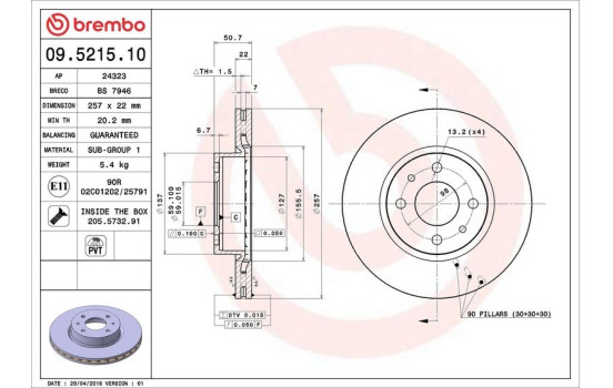 Disco de freno delantero 09.5215.10 Brembo, Imagen 4