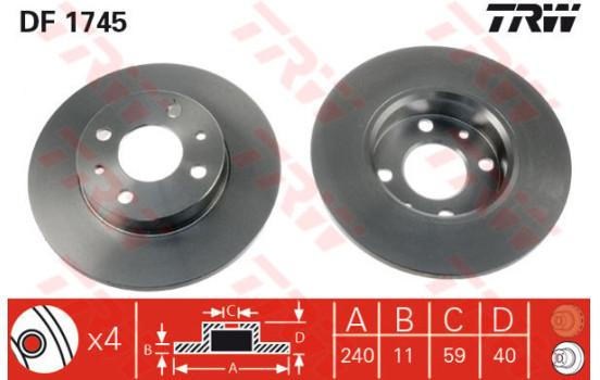 Disco de freno trasero DF1745 TRW