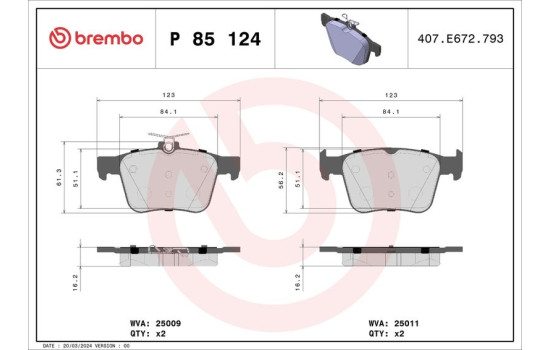Juego de pastillas de freno, freno de disco P 85 124X Brembo