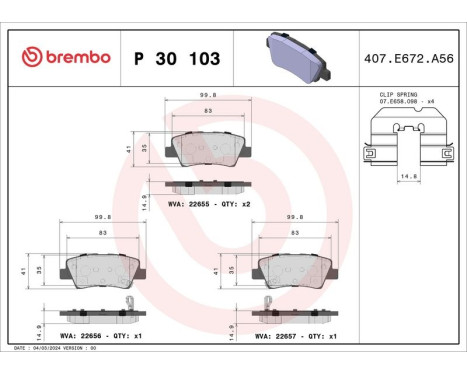 Juego de pastillas de freno, freno de disco P30103 Brembo