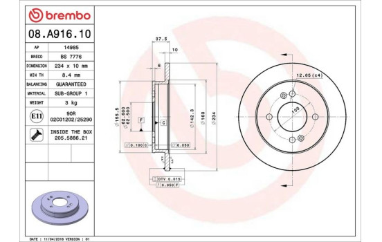 Disco de freno 08.A916.10 Brembo, Imagen 3