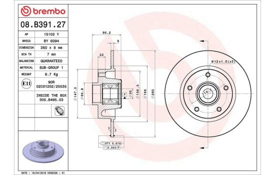 Disco de freno 08.B391.27 Brembo