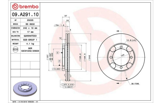 Disco de freno 09.A291.10 Brembo, Imagen 3