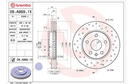 Disco de freno 09.A969.1X Brembo, Imagen 2