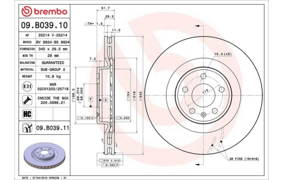 Disco de freno 09.B039.11 Brembo, Imagen 2