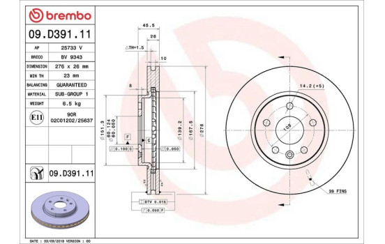 Disco de freno 09.D391.11 Brembo, Imagen 2